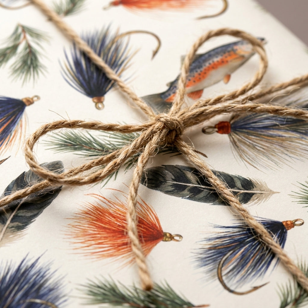Rustic fly fishing wrapping paper with trout and lures, tied with twine by Wrapped Studios.