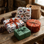 Rustic fly fishing gift wrap and masculine wrapping paper on a wooden table by Wrapped Studios.