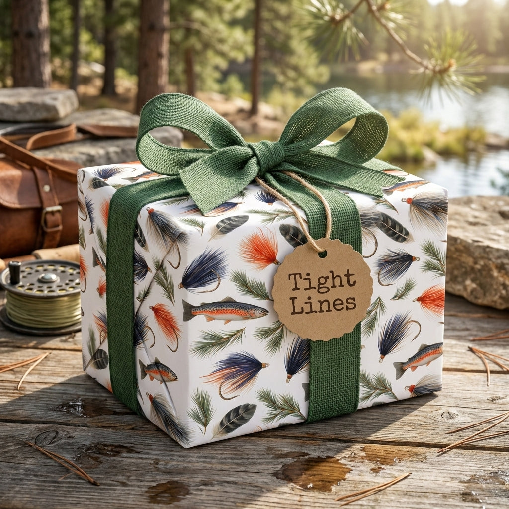 Fly fishing wrapping paper by Wrapped Studios featuring a trout pattern, tied with a rustic green ribbon bow.