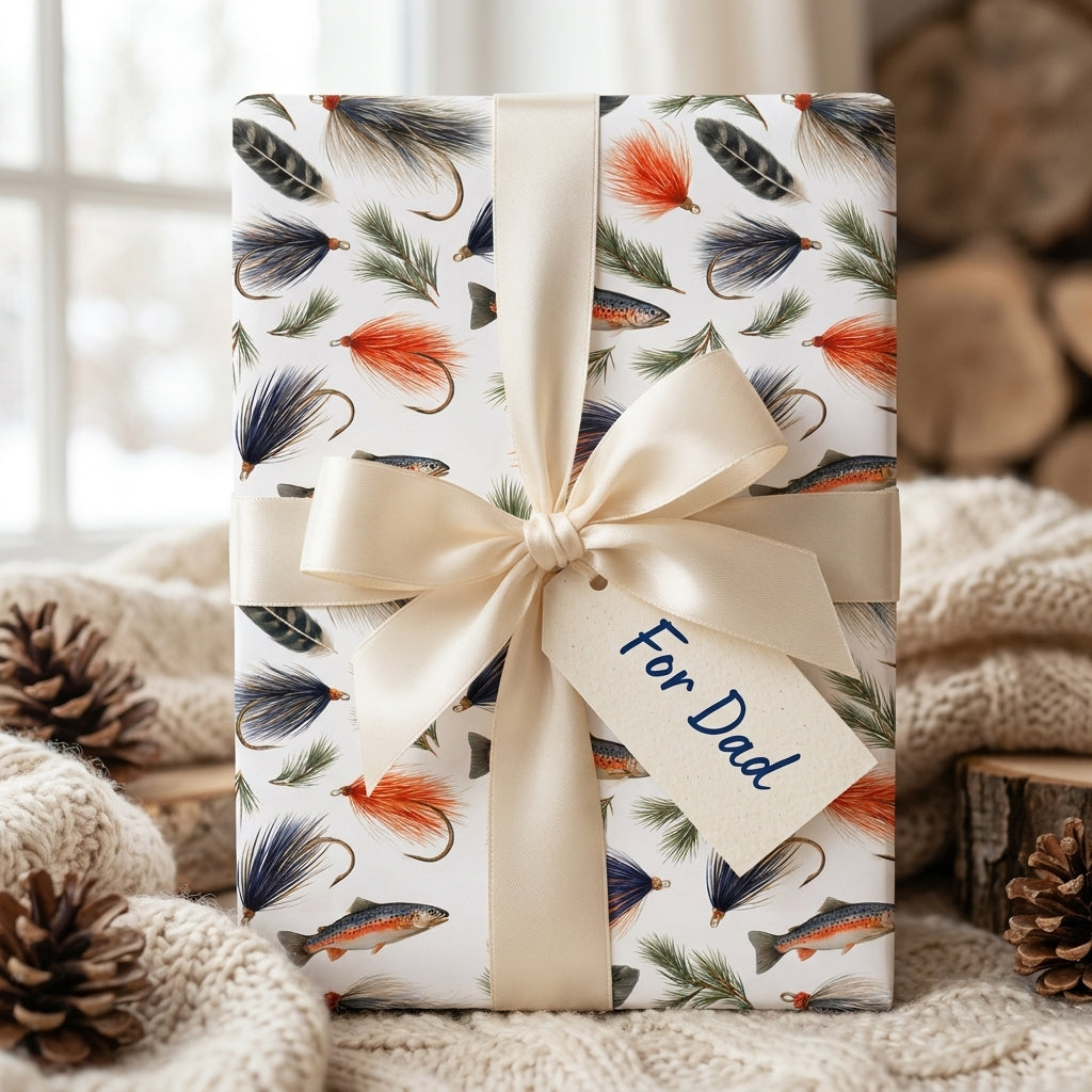 Fly fishing wrapping paper with trout and lures for Father's Day by Wrapped Studios.