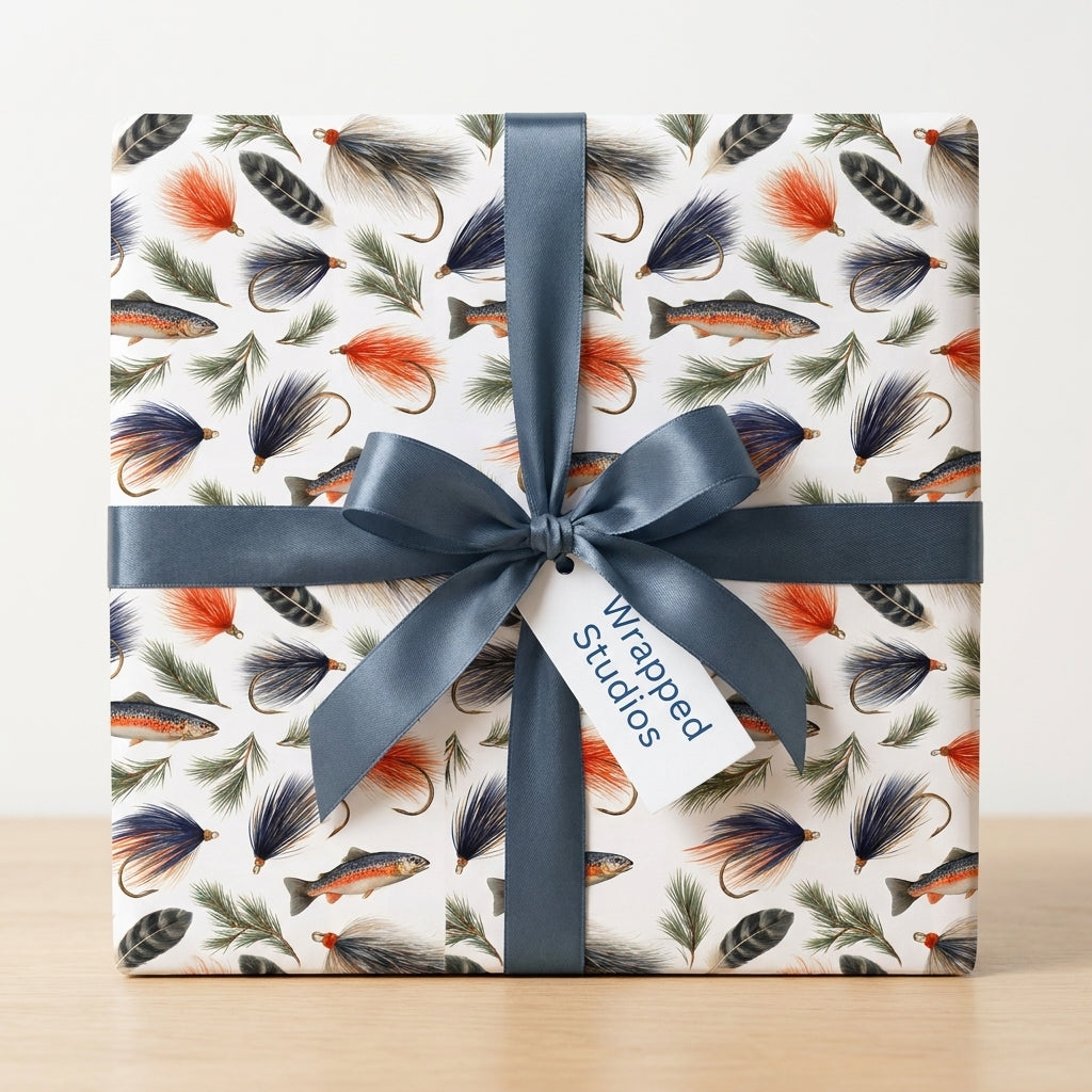 Fly fishing wrapping paper with trout and lures, tied with a blue satin ribbon, by Wrapped Studios.