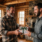 Two men exchanging a gift in rustic fishing wrapping paper with a green bow, by Wrapped Studios.