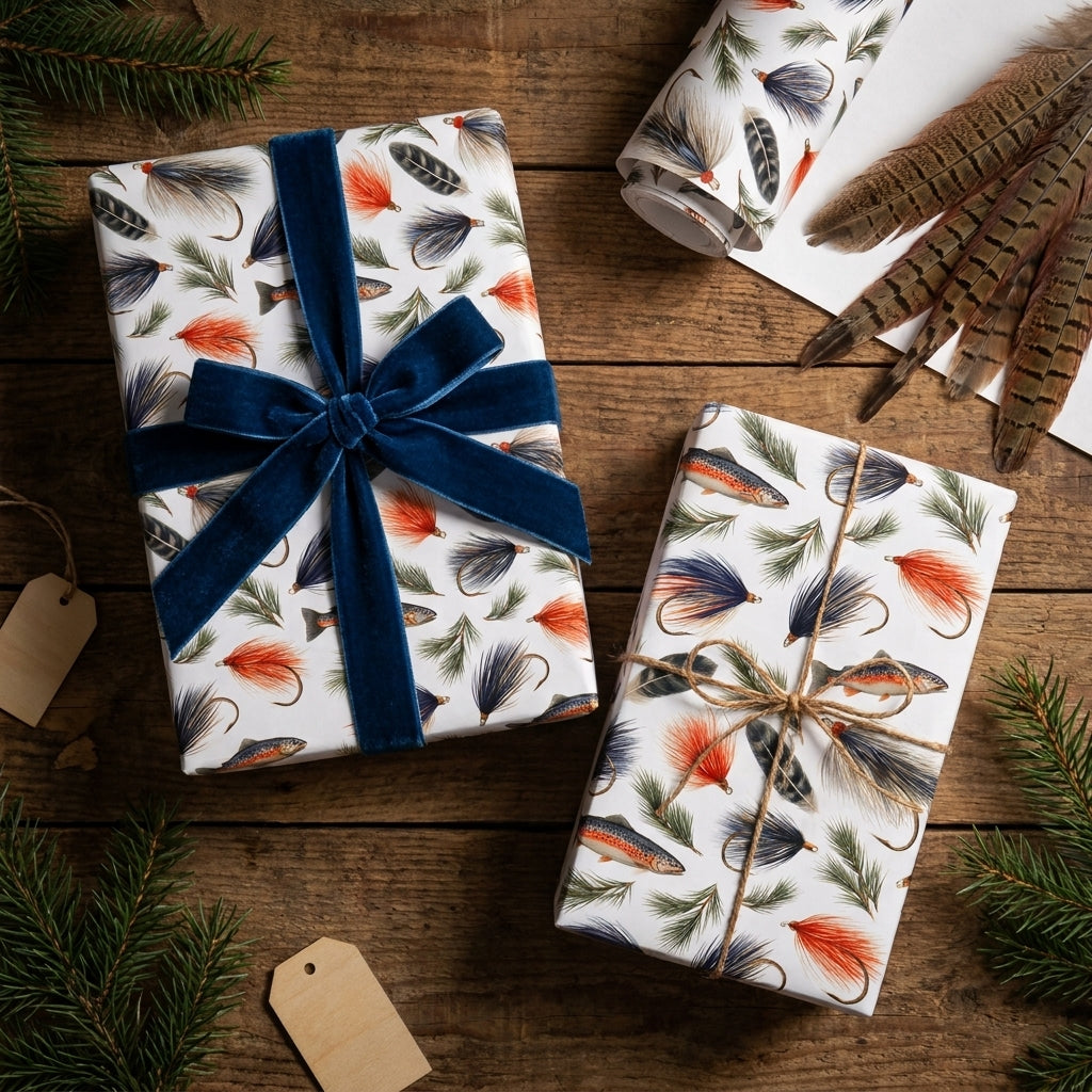 Rustic fly fishing wrapping paper with trout and lures, navy velvet ribbon, and twine by Wrapped Studios.