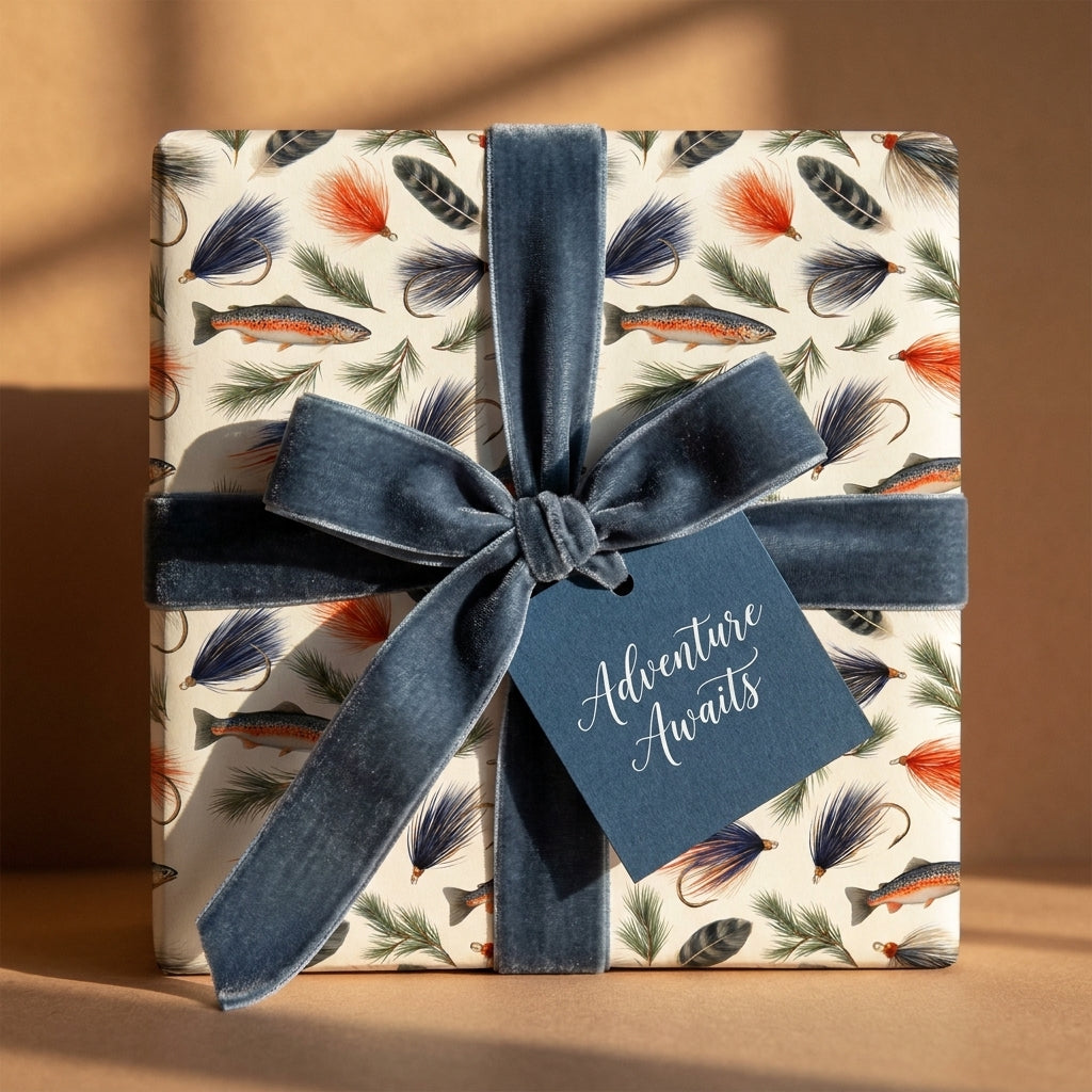 Fly fishing wrapping paper with watercolor trout, blue velvet ribbon, and adventure gift tag by Wrapped Studios.