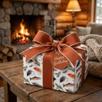 Fishing birthday wrapping paper with a rustic trout pattern and large rust bow by Wrapped Studios.