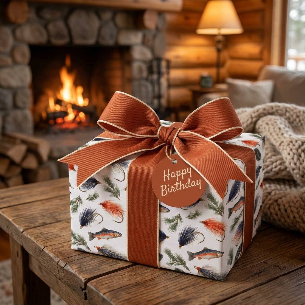 Fishing birthday wrapping paper with a rustic trout pattern and large rust bow by Wrapped Studios.