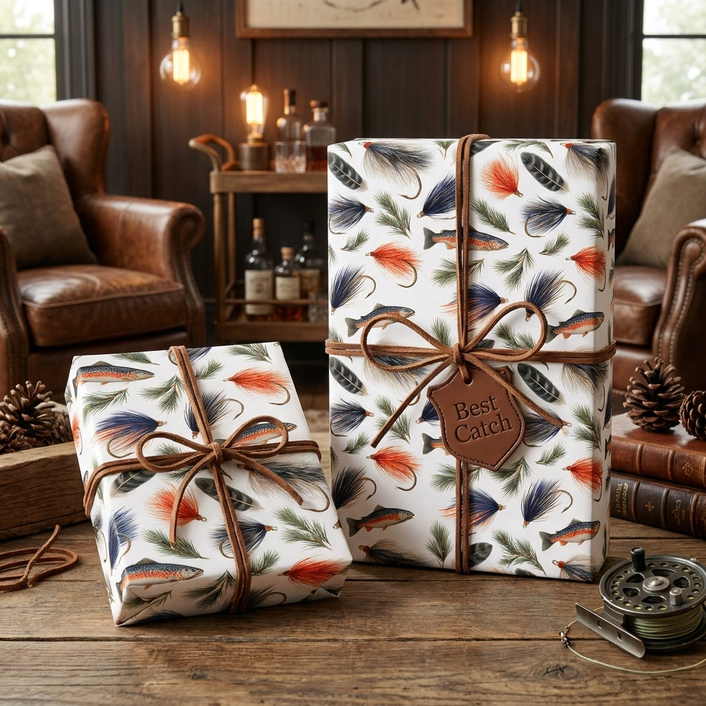 Rustic fly fishing gift wrap with trout and lures by Wrapped Studios, tied with a brown leather bow.
