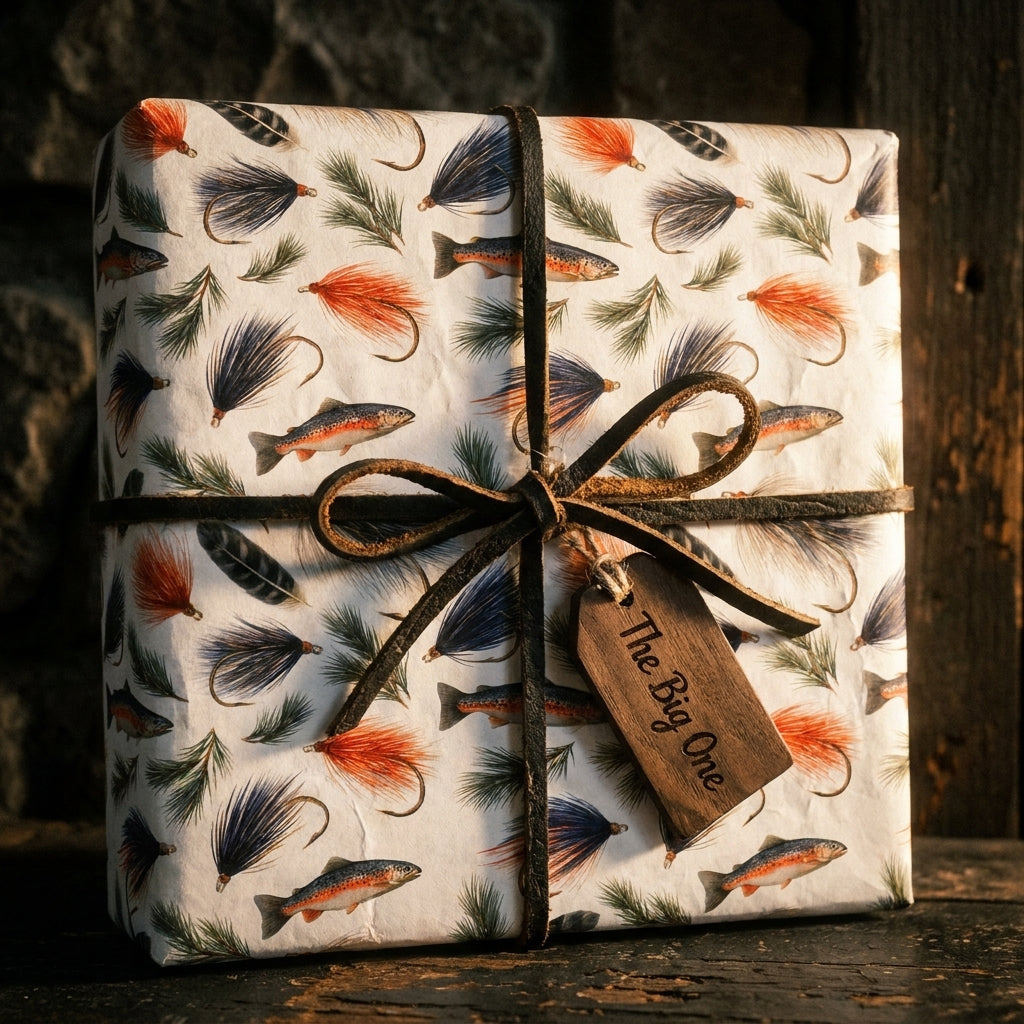 Rustic fly fishing wrapping paper by Wrapped Studios, featuring a trout pattern tied with a leather bow.