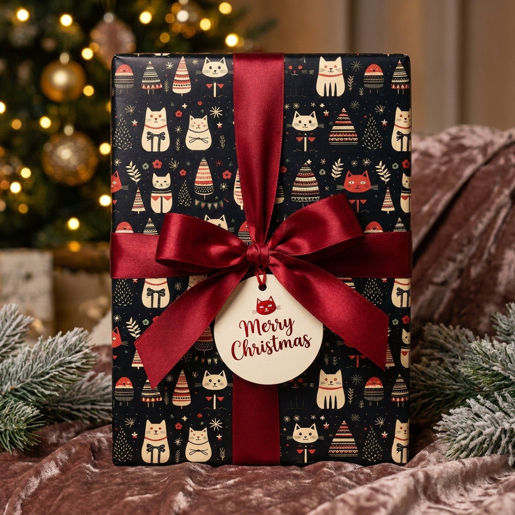 Cute cat Christmas wrapping paper with a burgundy bow and Merry Christmas tag, by Wrapped Studios.