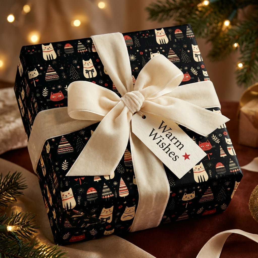 Black cat Christmas wrapping paper with a cream velvet bow and holiday tag by Wrapped Studios.