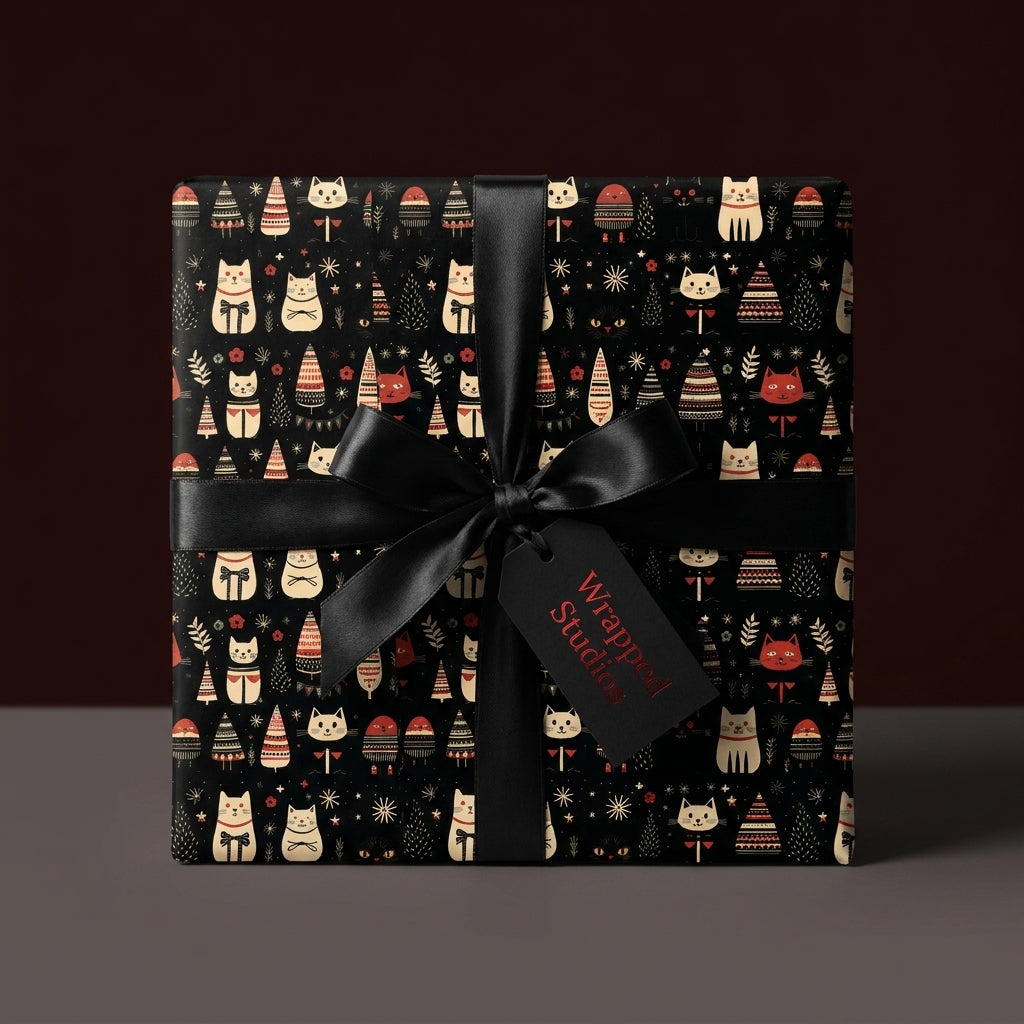 Cute cat Christmas wrapping paper in black with a satin bow, holiday gift wrap by Wrapped Studios.