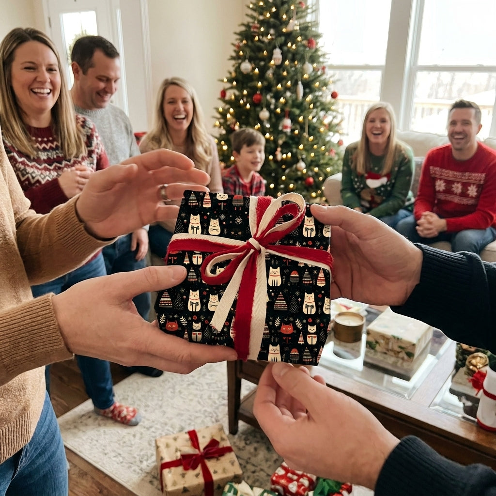 Cute cat Christmas wrapping paper by Wrapped Studios on a gift box being exchanged by a festive family.