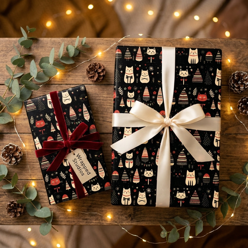 Cat Christmas wrapping paper on holiday gift boxes with elegant bows by Wrapped Studios.