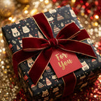 Cat Christmas wrapping paper with a luxury red velvet bow and gift tag by Wrapped Studios.