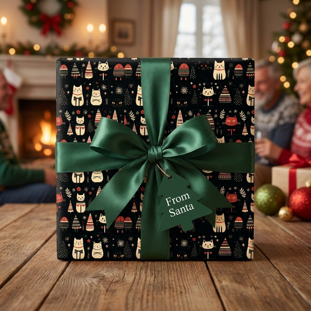 Cat Christmas wrapping paper by Wrapped Studios on a gift box with a green satin ribbon and From Santa tag.