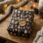 Cat Christmas wrapping paper by Wrapped Studios on a cozy gift box tied with rustic twine and a 'Meow' tag.