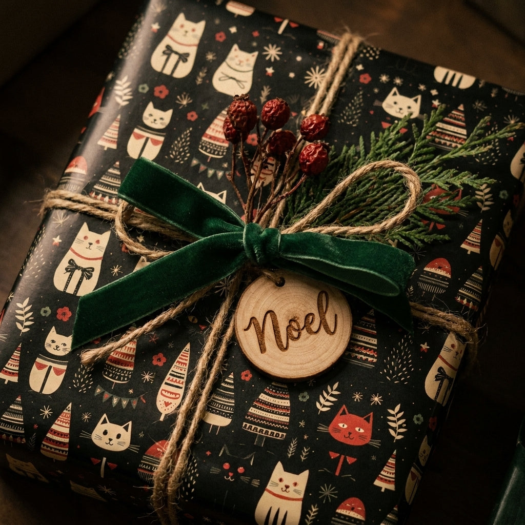 Cute cat Christmas wrapping paper by Wrapped Studios on a gift box with a green velvet bow and wooden Noel tag.