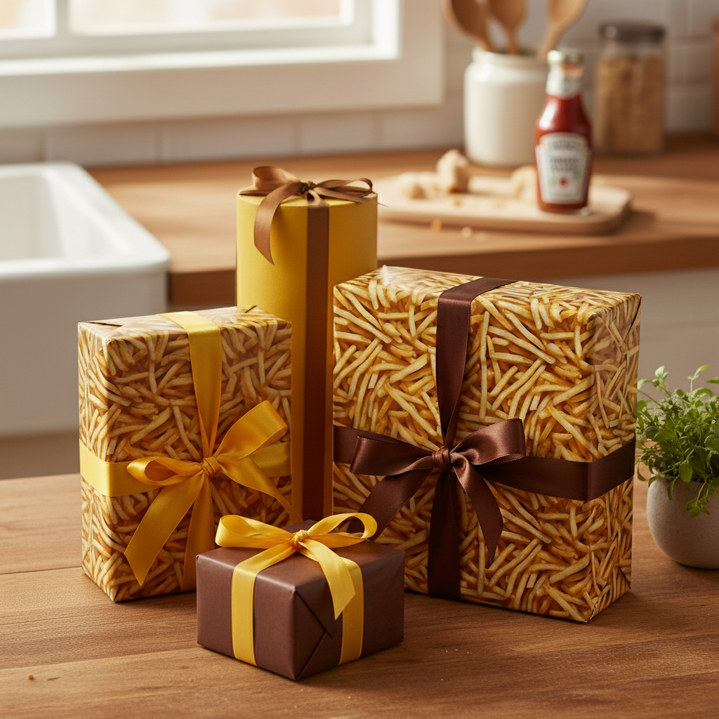 Gifts wrapped in french fries wrapping paper with brown and yellow ribbons.