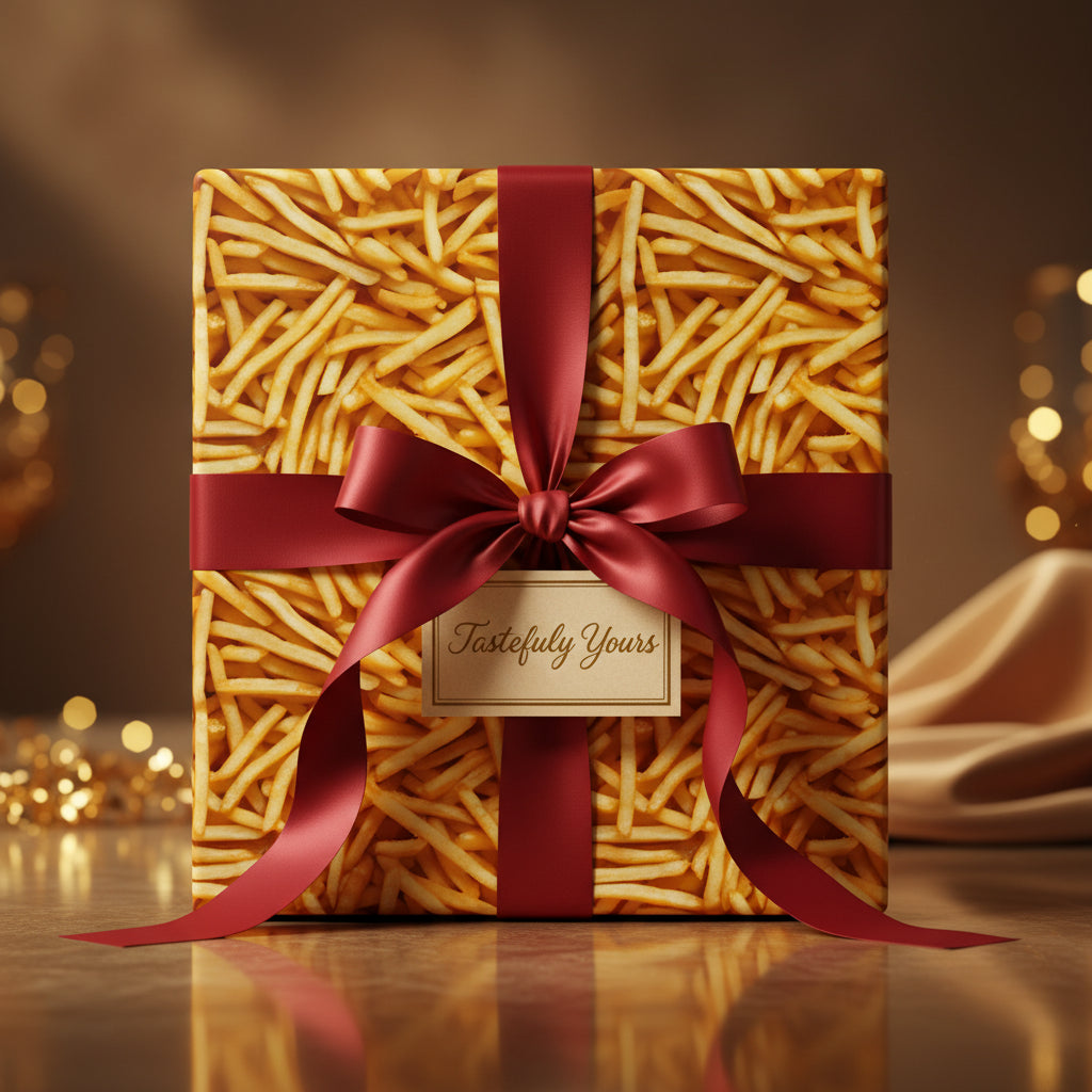 Square gift wrapped in french fry print paper, tied with a burgundy ribbon and bow.