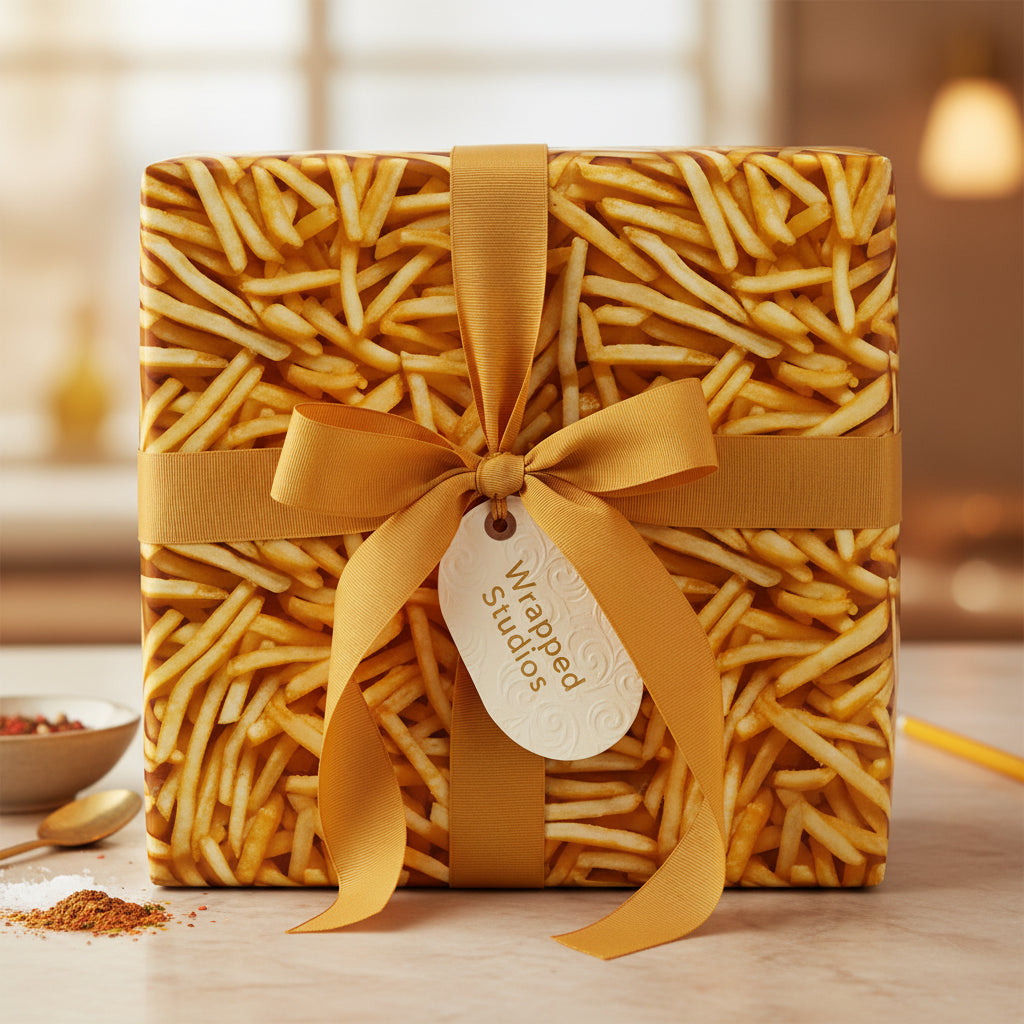 Unique novelty wrapping paper featuring french fries with gold ribbon and tag.