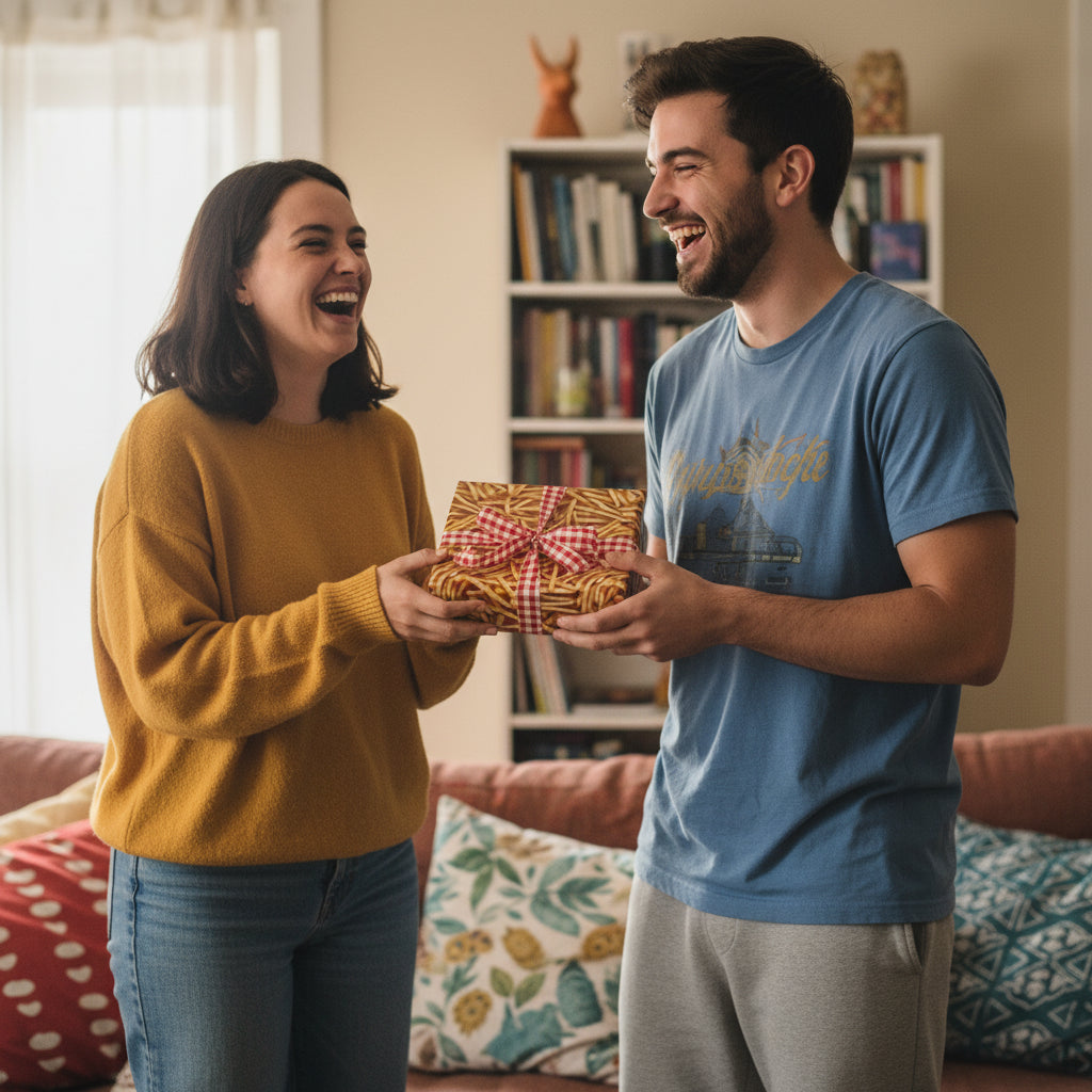 Couple exchanging a birthday gift wrapped in rustic brown paper with a red gingham ribbon.
