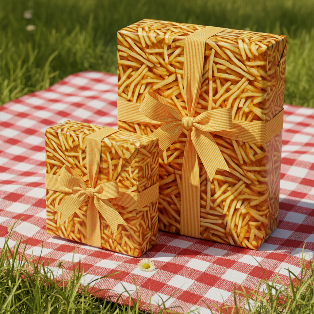 Gifts wrapped in French fries pattern paper with mustard ribbon on a red and white gingham blanket.