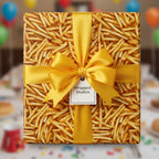 Funny birthday wrapping paper featuring french fries, tied with a gold ribbon and bow, perfect for foodies.