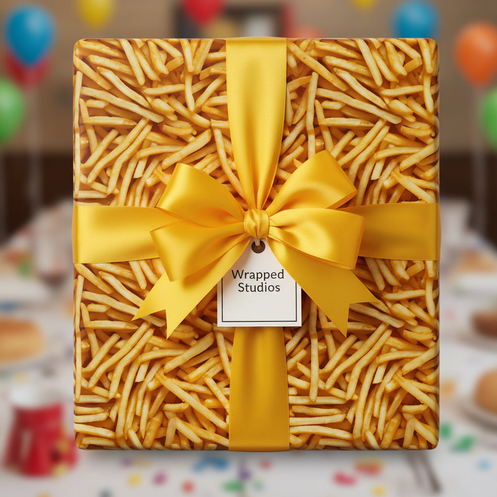 Funny birthday wrapping paper featuring french fries, tied with a gold ribbon and bow, perfect for foodies.