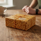 Square gift wrapped in novelty french fry wrapping paper on a rustic wooden table.