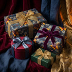 Luxury Christmas gift wrap with floral paper and elegant velvet and burlap ribbons.