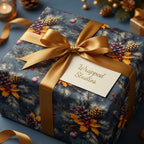 Elegant Christmas gift wrap from Wrapped Studios, with gold ribbon and pinecone design.