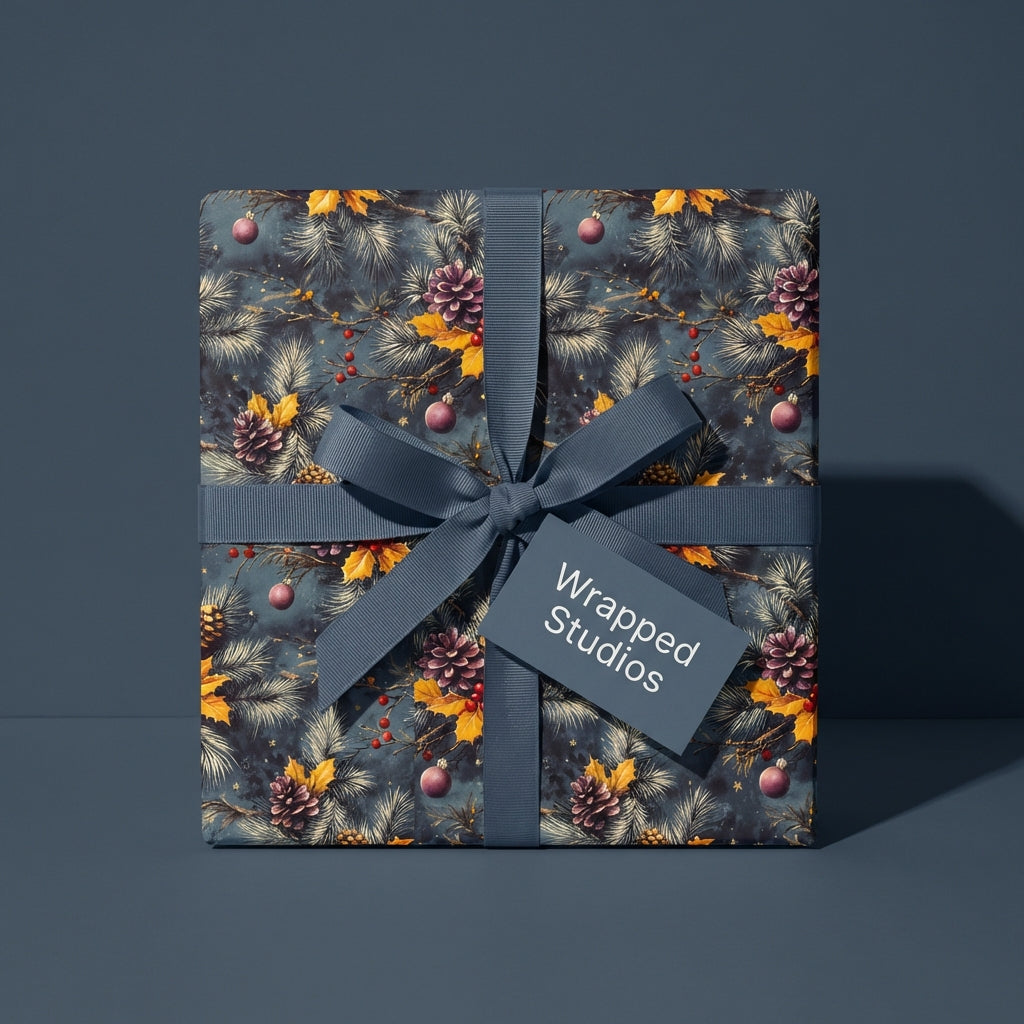 Wrapped Studios elegant Christmas gift wrap. Blue ribbon on box with pinecone, berry, and ornament design.