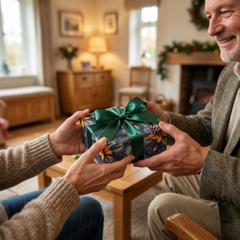 Holiday gift exchange: Navy blue wrapping paper with fall leaves & pinecones, dark green bow.