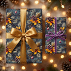 Wrapped presents in elegant floral Christmas gift wrap with gold and purple ribbon.