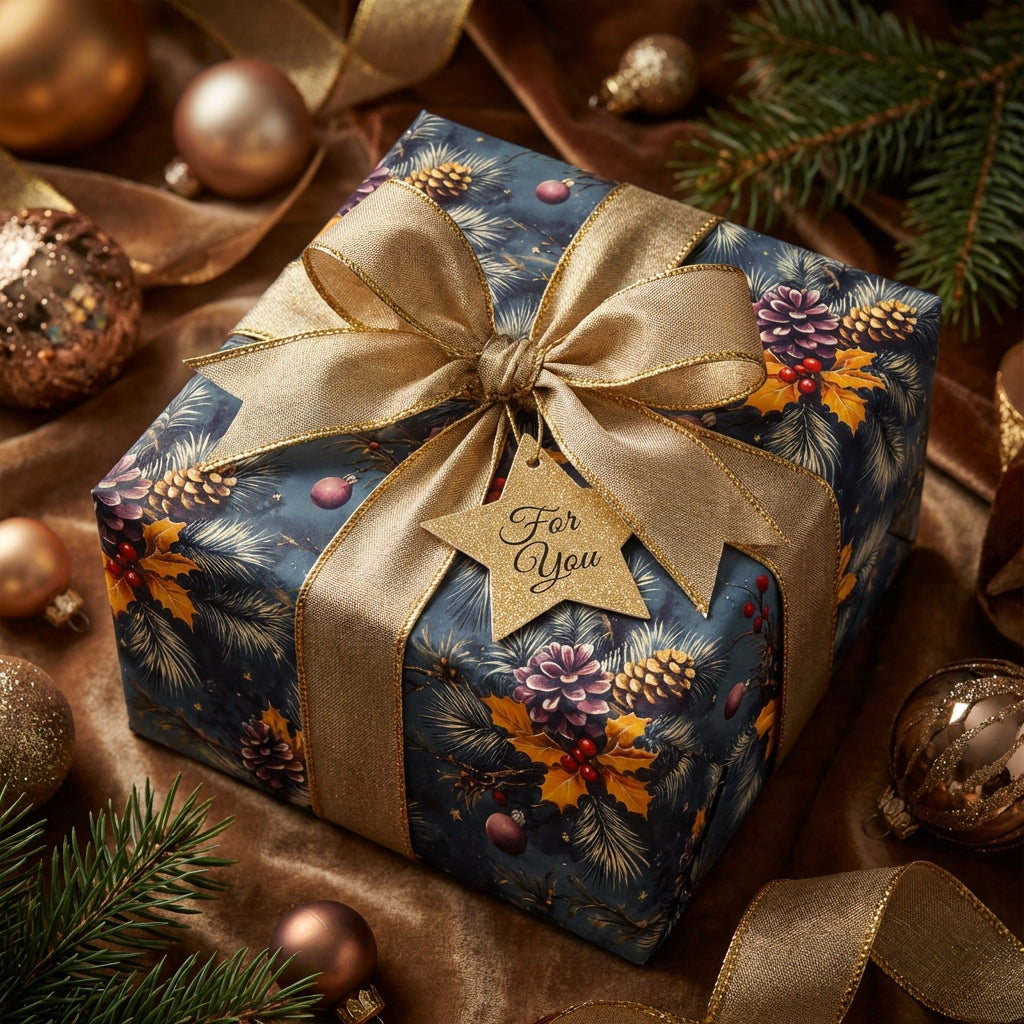 Elegant Christmas gift wrapped in dark floral paper with gold ribbon and ornaments.