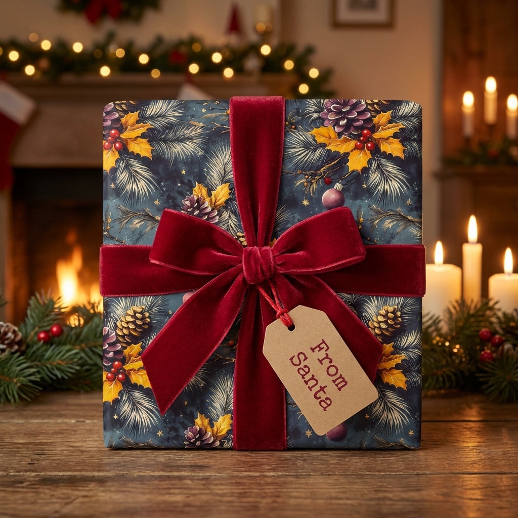 Elegant Christmas gift wrapped in festive floral wrapping paper with a red velvet ribbon and a "From Santa" tag.