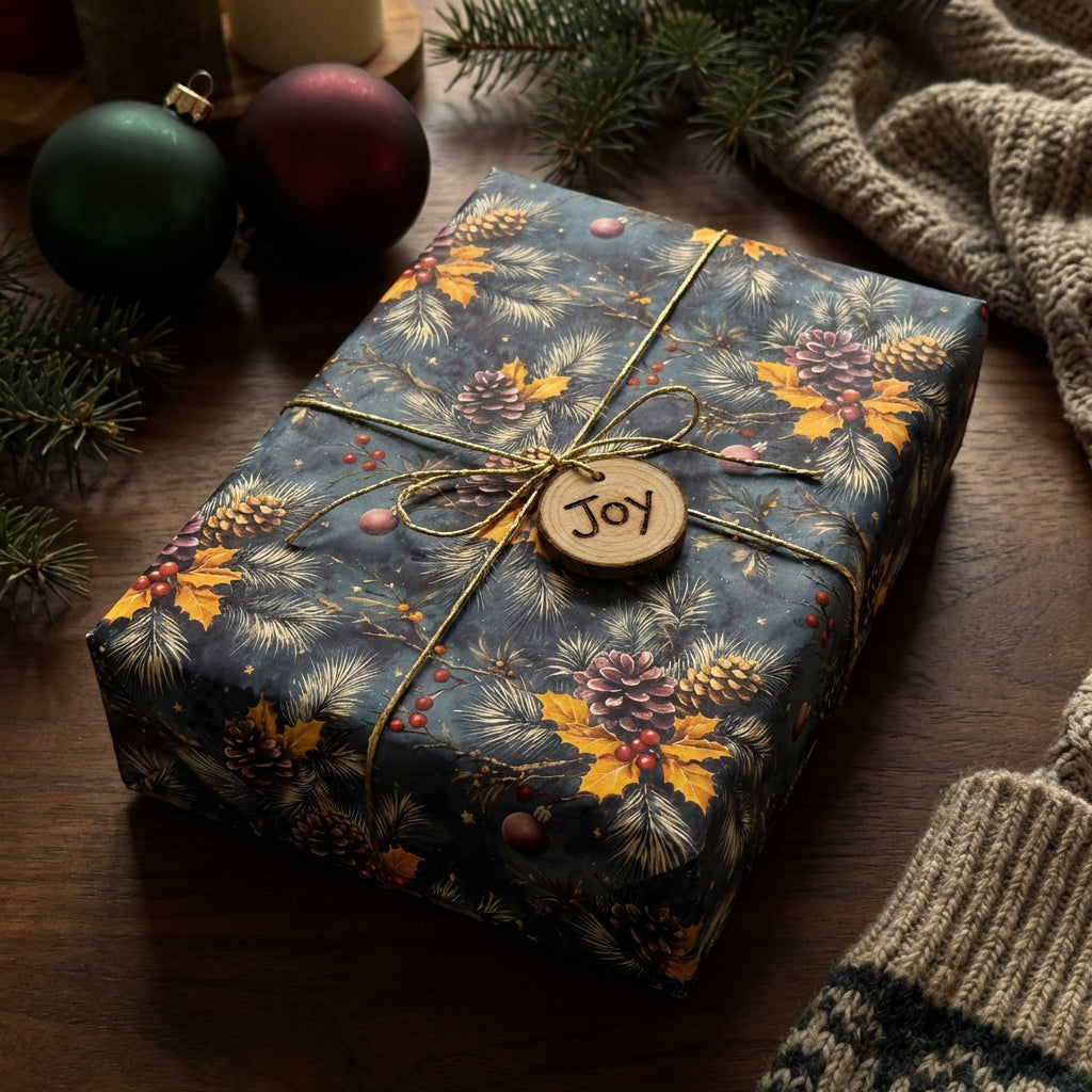 Wrapped Studios Christmas gift wrap with pine cone pattern and gold string, reading "Joy."