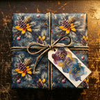 Elegant Christmas gift wrap with pinecone and ornament design, tied with rustic twine, tag reads "No Peeking".