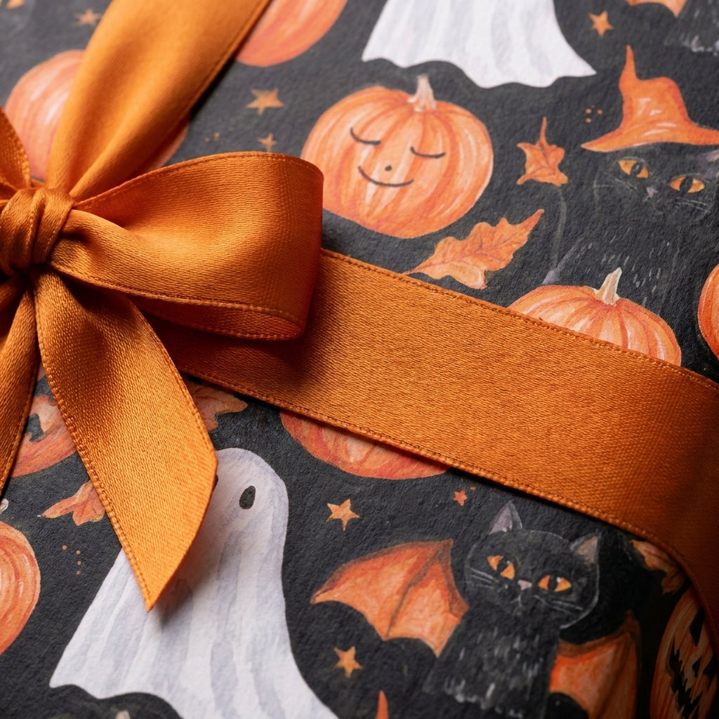 Halloween wrapping paper with ghosts, pumpkins, and black cats, tied with an orange satin bow by Wrapped Studios.