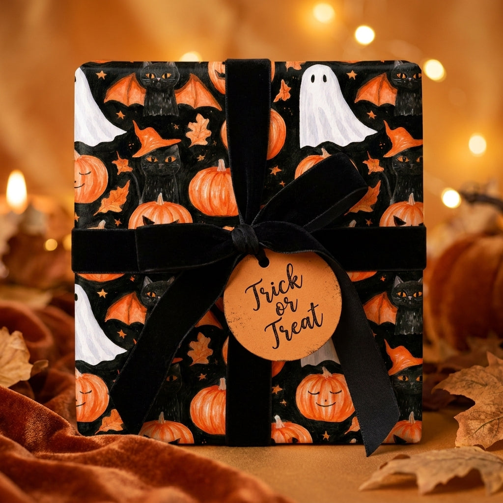 Spooky Halloween wrapping paper with cats, ghosts, and pumpkins, with a black velvet bow by Wrapped Studios.