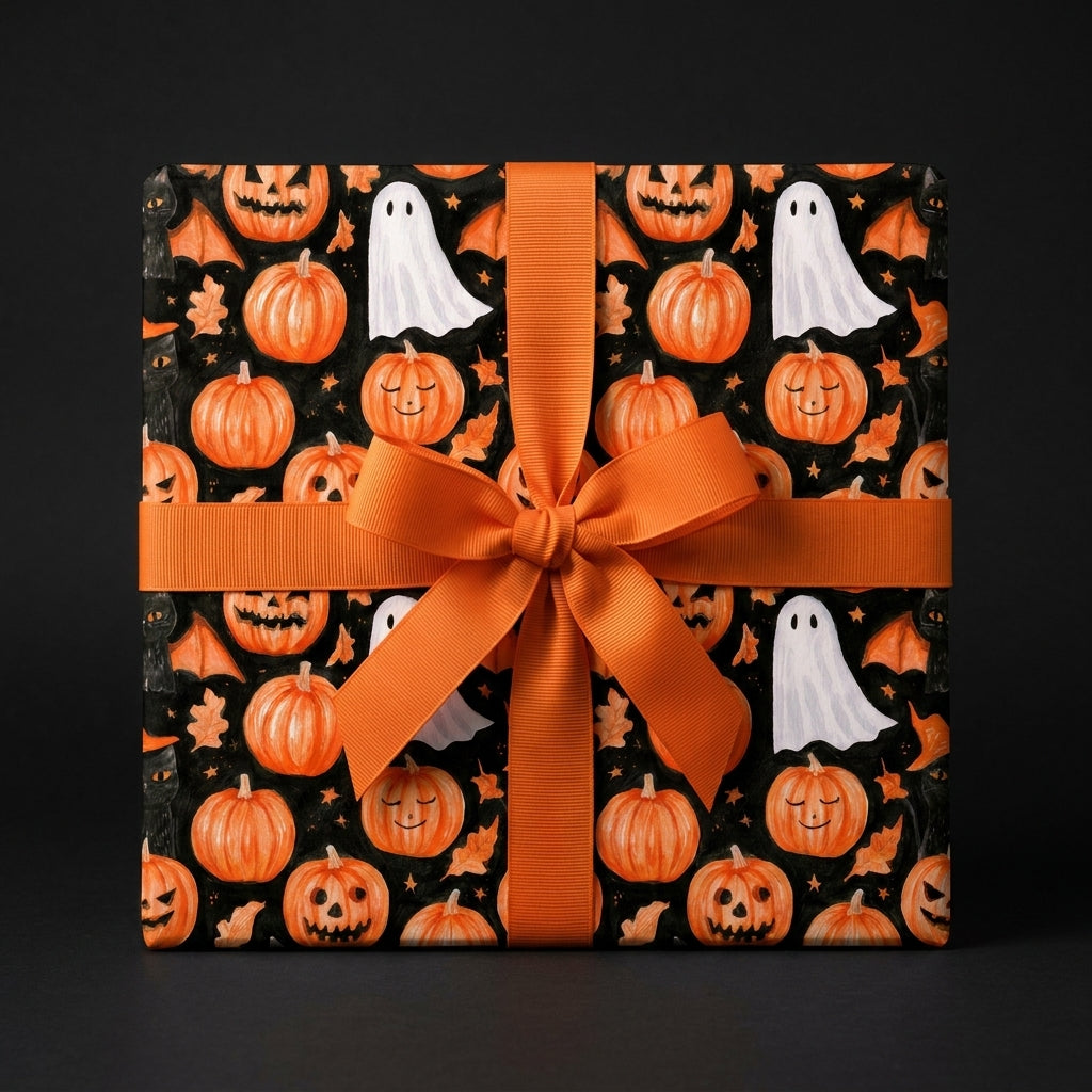 Spooky pumpkin and ghost Halloween wrapping paper on a gift box with an orange bow by Wrapped Studios.