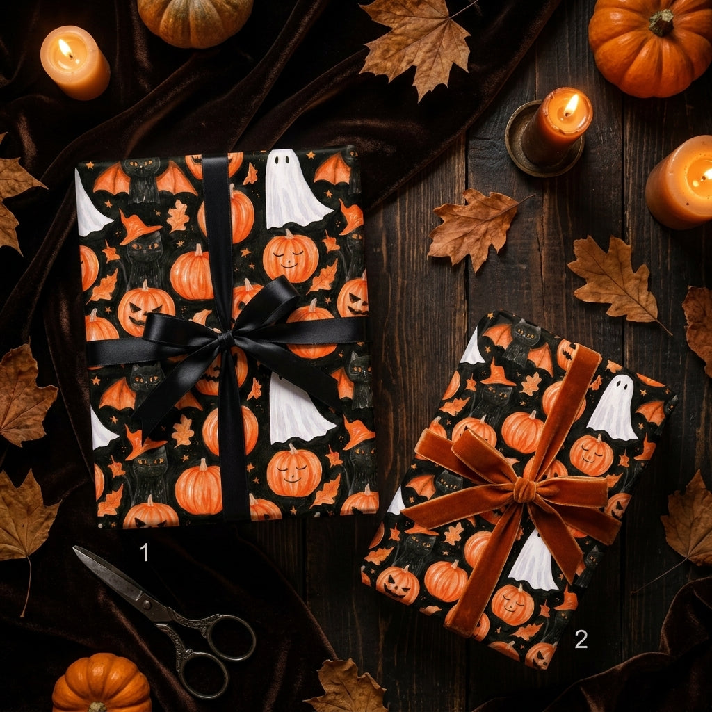 Spooky cute Halloween wrapping paper with pumpkins and ghosts on wrapped gifts by Wrapped Studios.