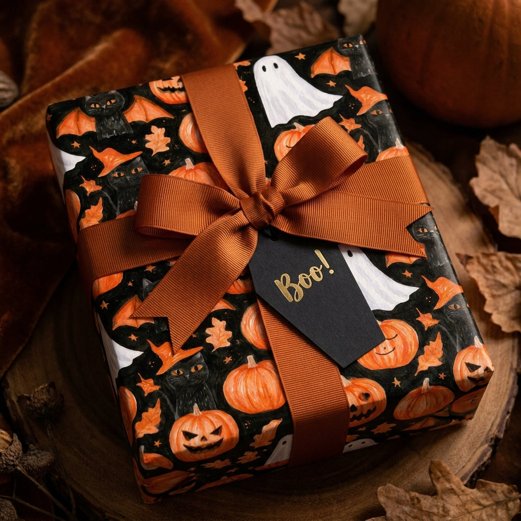 Spooky Halloween wrapping paper with cats and ghosts, tied with an orange ribbon by Wrapped Studios.