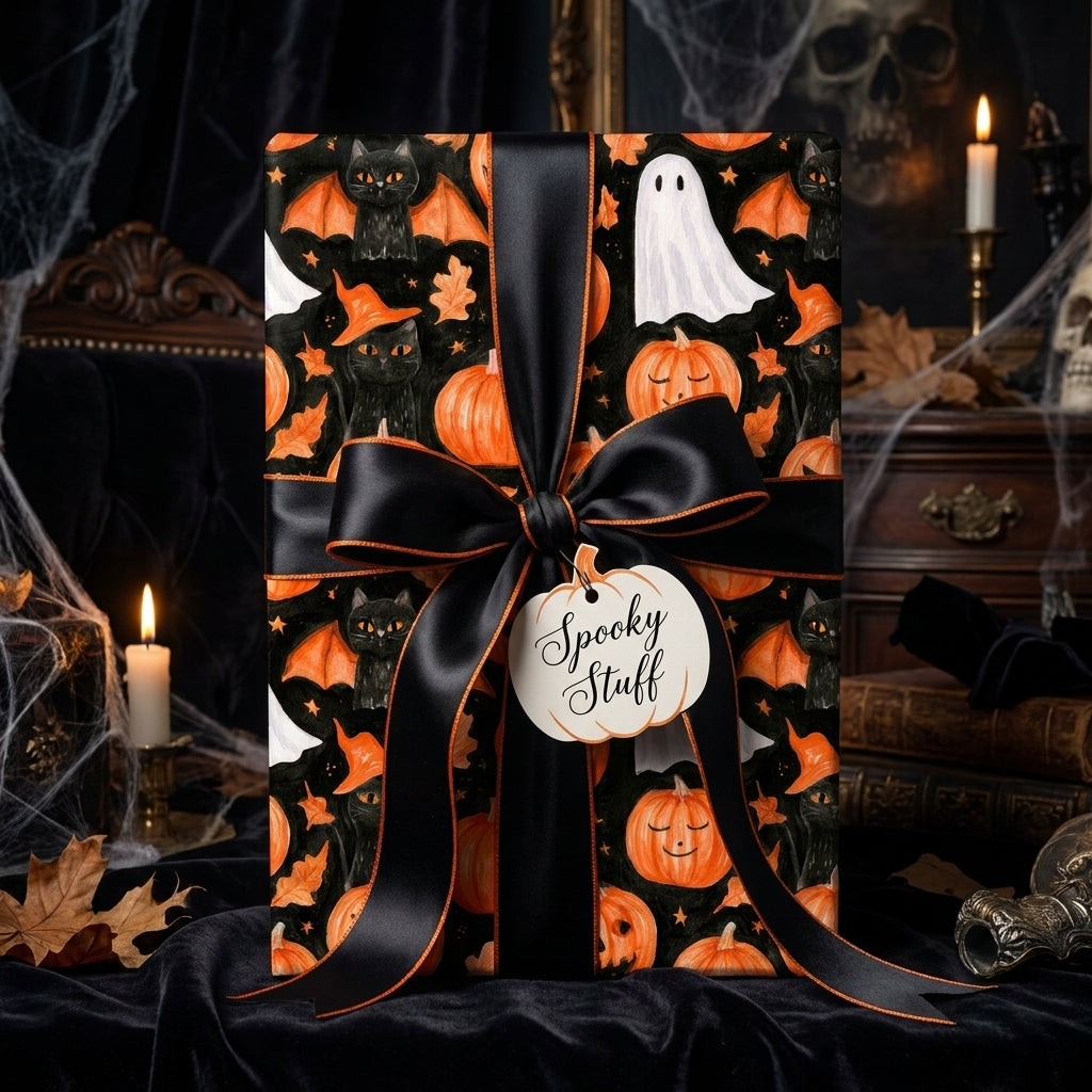 Spooky Halloween wrapping paper with black cats and pumpkins, tied with a black bow by Wrapped Studios.