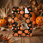 Spooky Halloween wrapping paper with pumpkins and ghosts by Wrapped Studios, tied with twine on a rustic table.