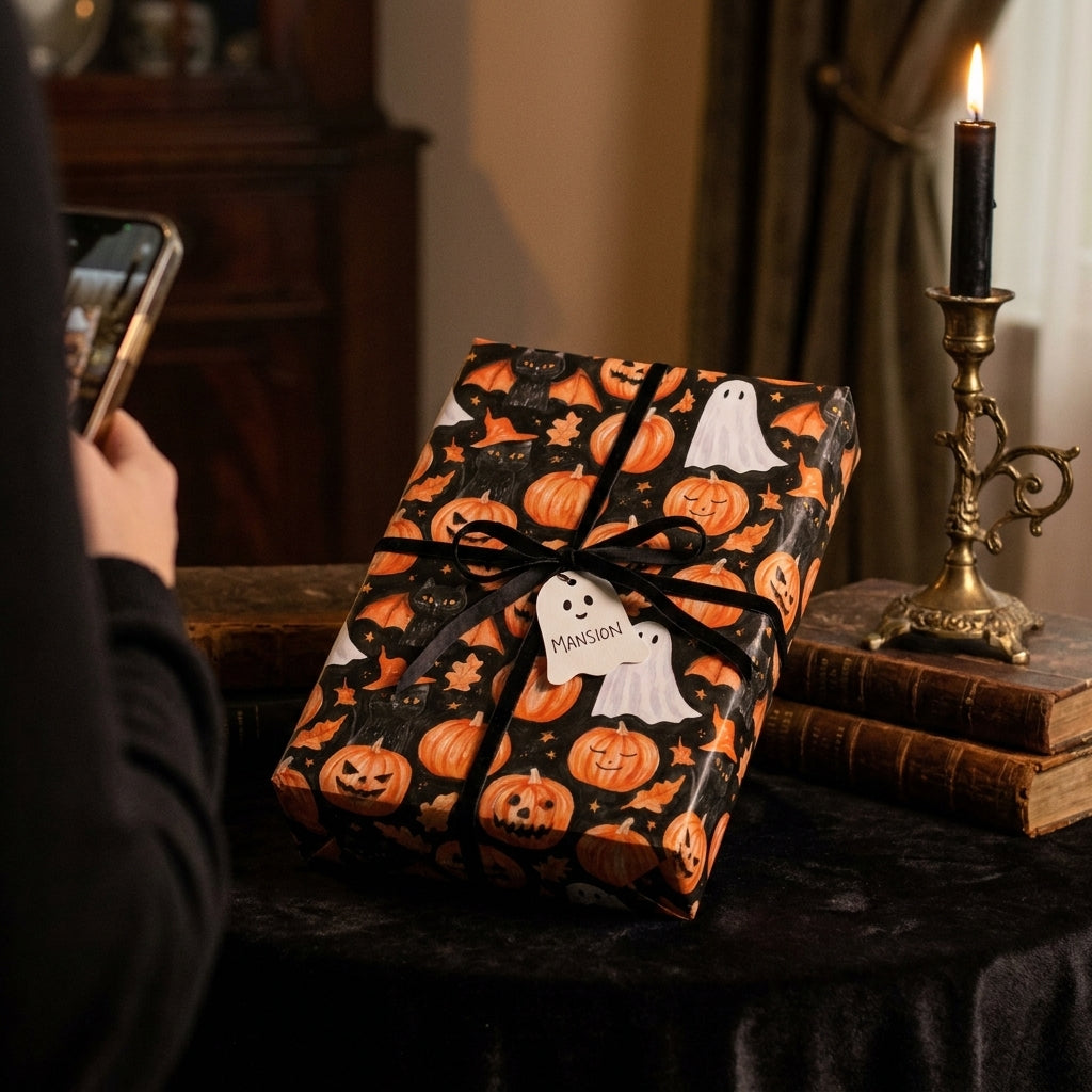 Halloween wrapping paper with pumpkins and ghosts on a gift tied with a black ribbon, by Wrapped Studios.