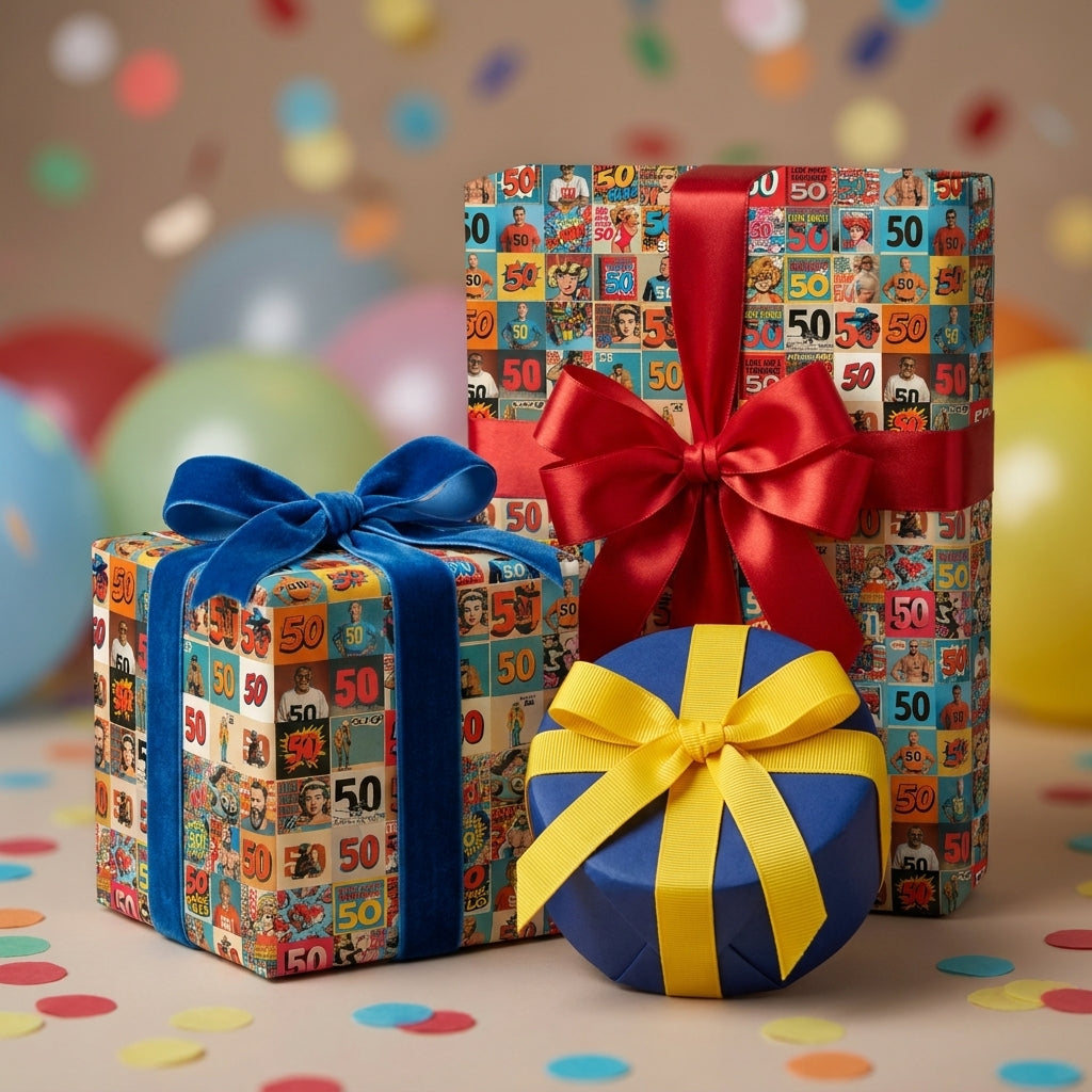 Retro comic book 50th birthday wrapping paper on gift boxes with colorful bows by Wrapped Studios.