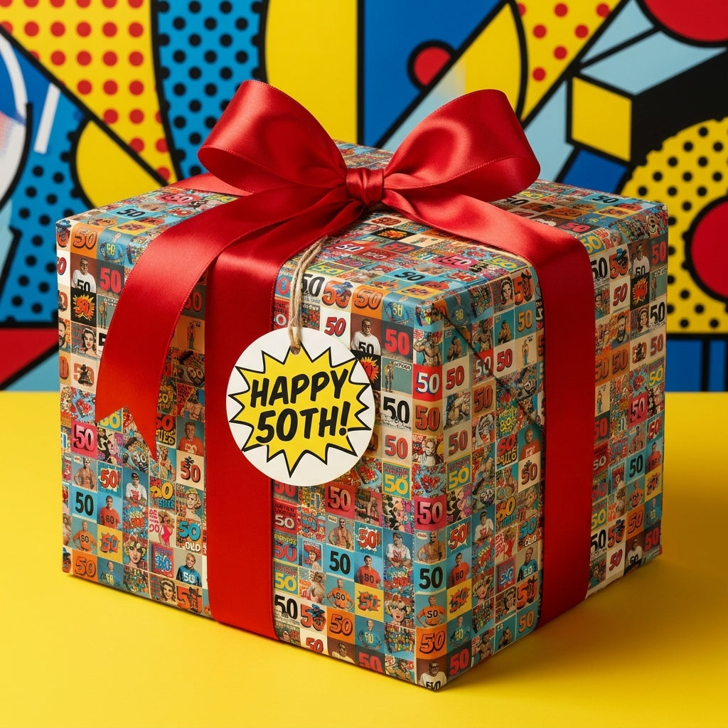 Retro pop art 50th birthday wrapping paper with red ribbon and 'Happy 50th!' tag by Wrapped Studios.