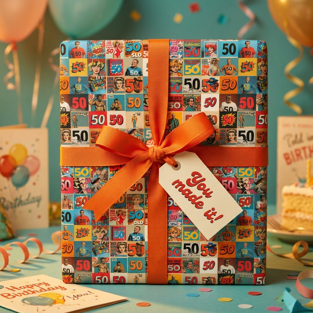 Retro 50th birthday wrapping paper with a comic pop art design and orange bow by Wrapped Studios.