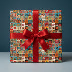 Retro comic book style 50th birthday wrapping paper with a red satin ribbon, by Wrapped Studios.
